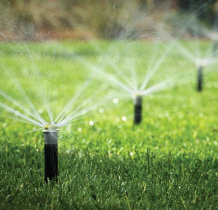 Pop up sprinklers running across a healthy green lawn